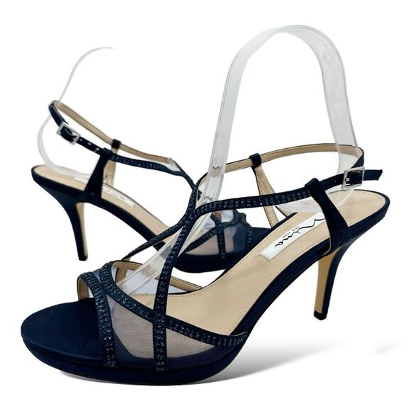 Nina‎ Navy Blue Satin Blossom Slingback Crystal Open Toe Evening Sandal Prom 8.5 - Picture 1 of 14